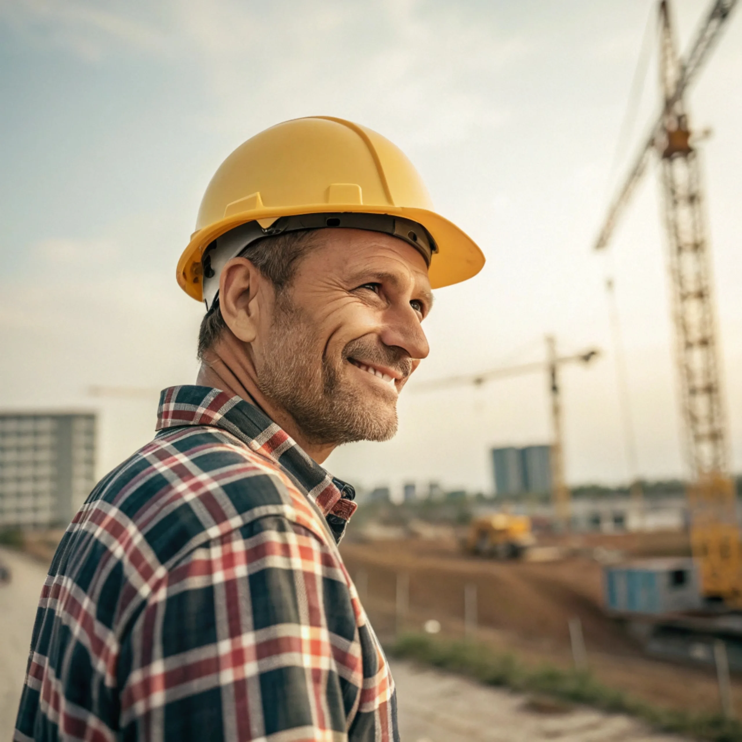 a man with a yellow hard hat plaid shirt looking 1 scaled