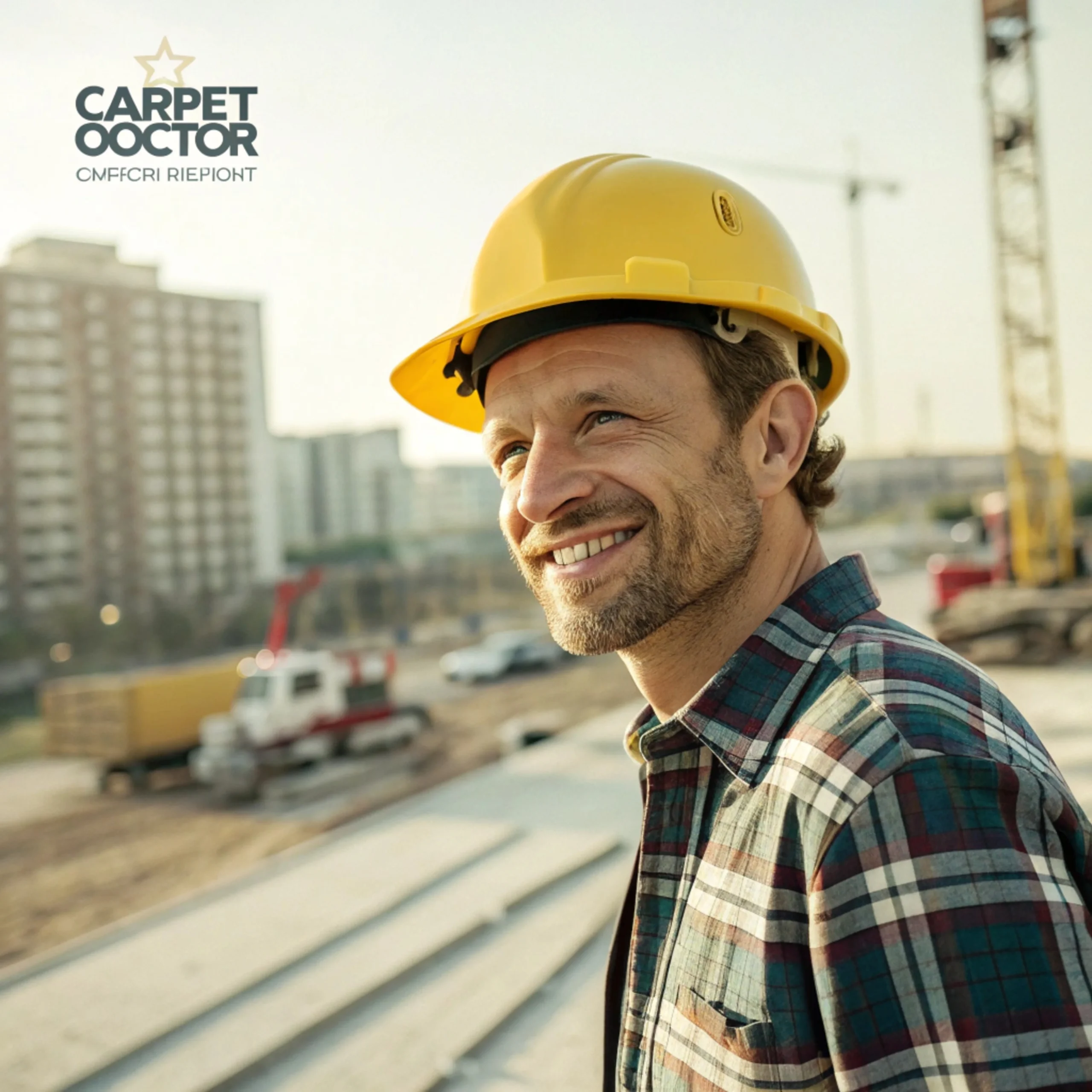 a man with a yellow hard hat plaid shirt looking scaled