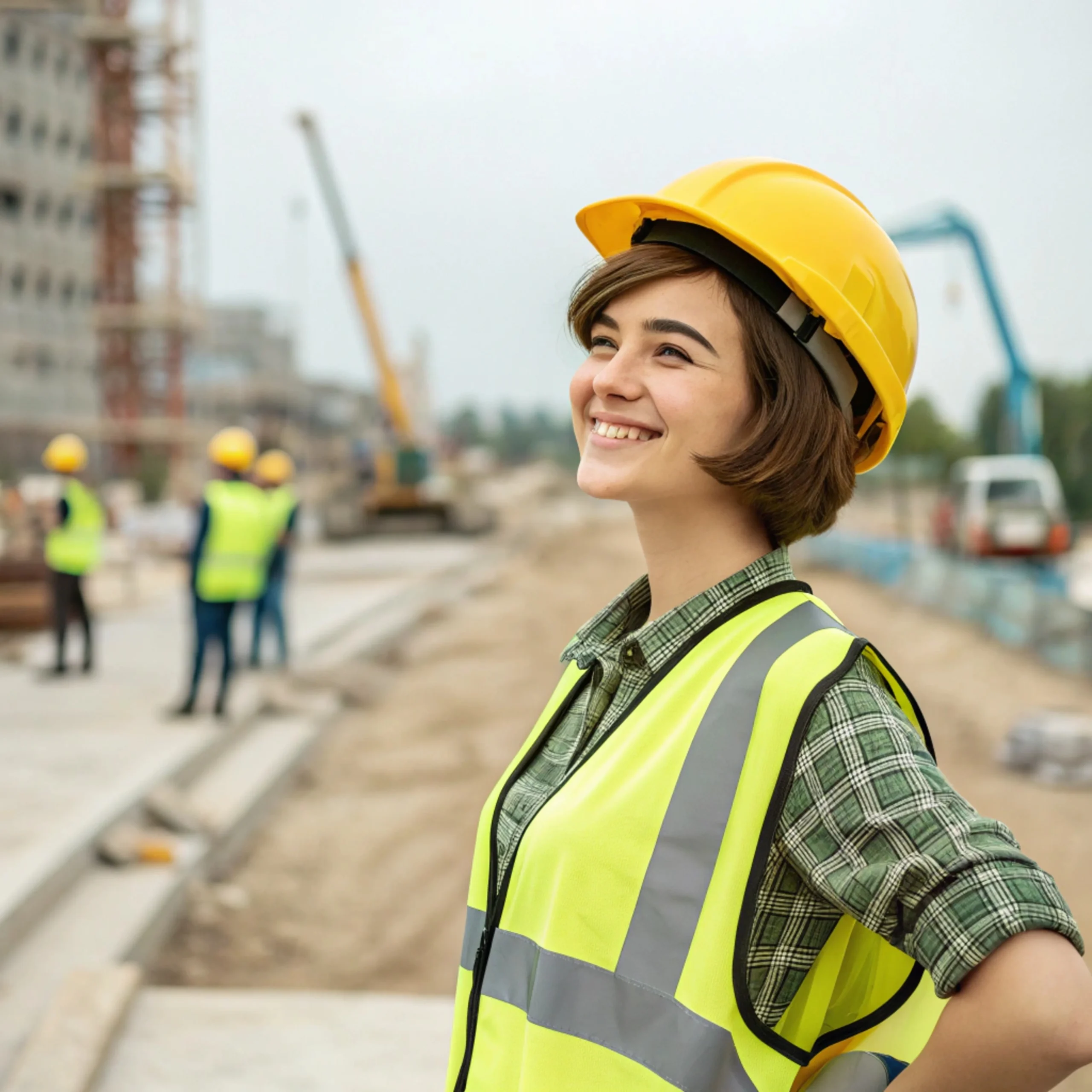 a young woman with short brown hair wearing a yel scaled